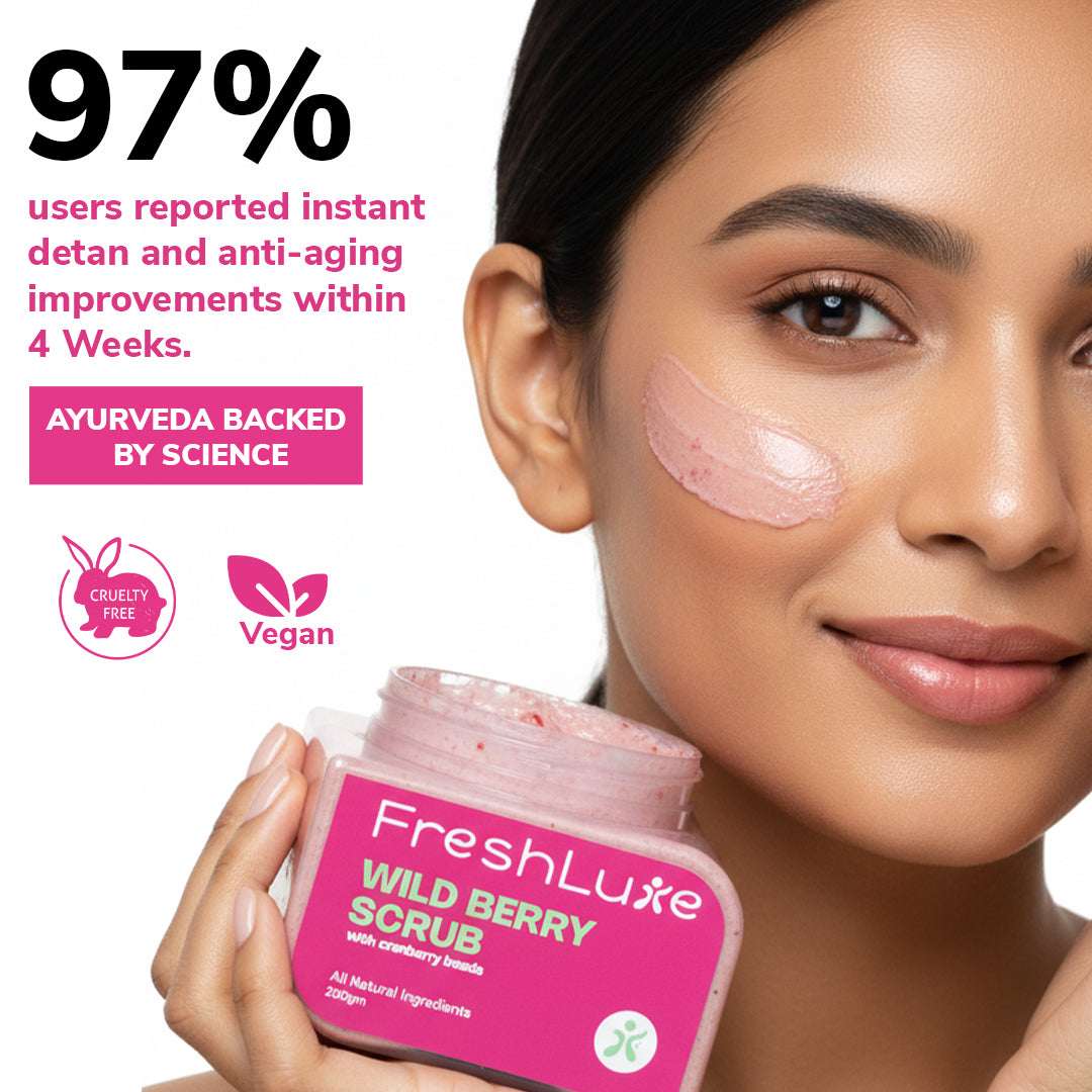 FreshLuxe Wild Berry Scrub with product benefits displayed.