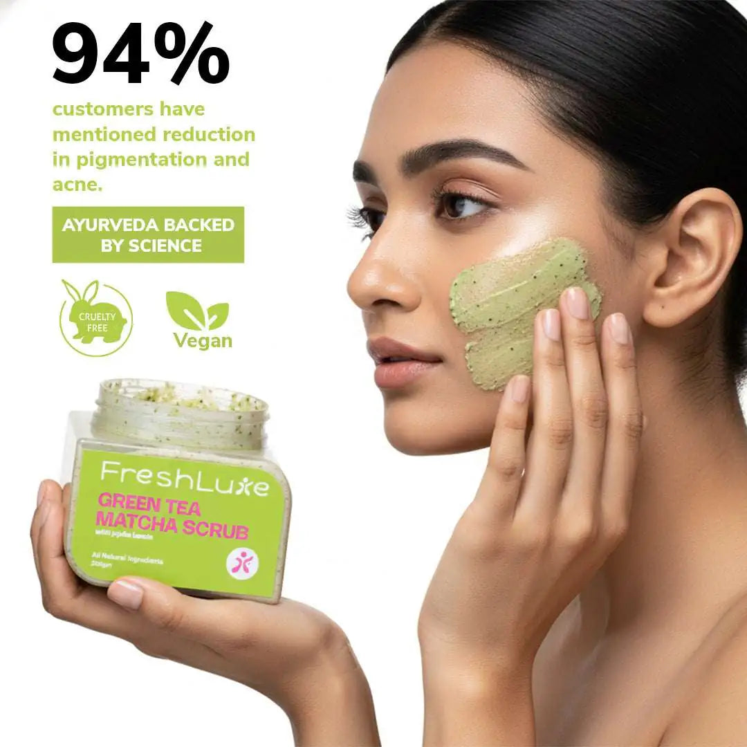 Green Tea Matcha Face &amp; body Scrub | Vitamin C &amp; Lactic Acid for Detan, Uneven Skin Tone &amp; Skin Purification | 200gm