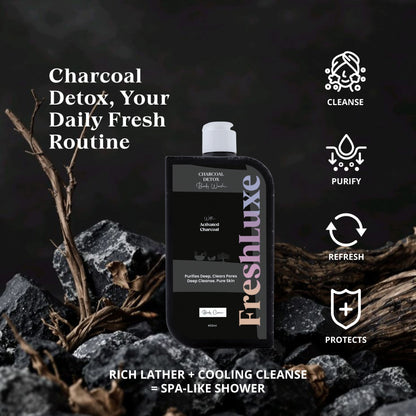 FreshLuxe Activated Charcoal Body Wash | Deep Cleansing &amp; Acne Control with Aloe Vera | Detox Shower Gel