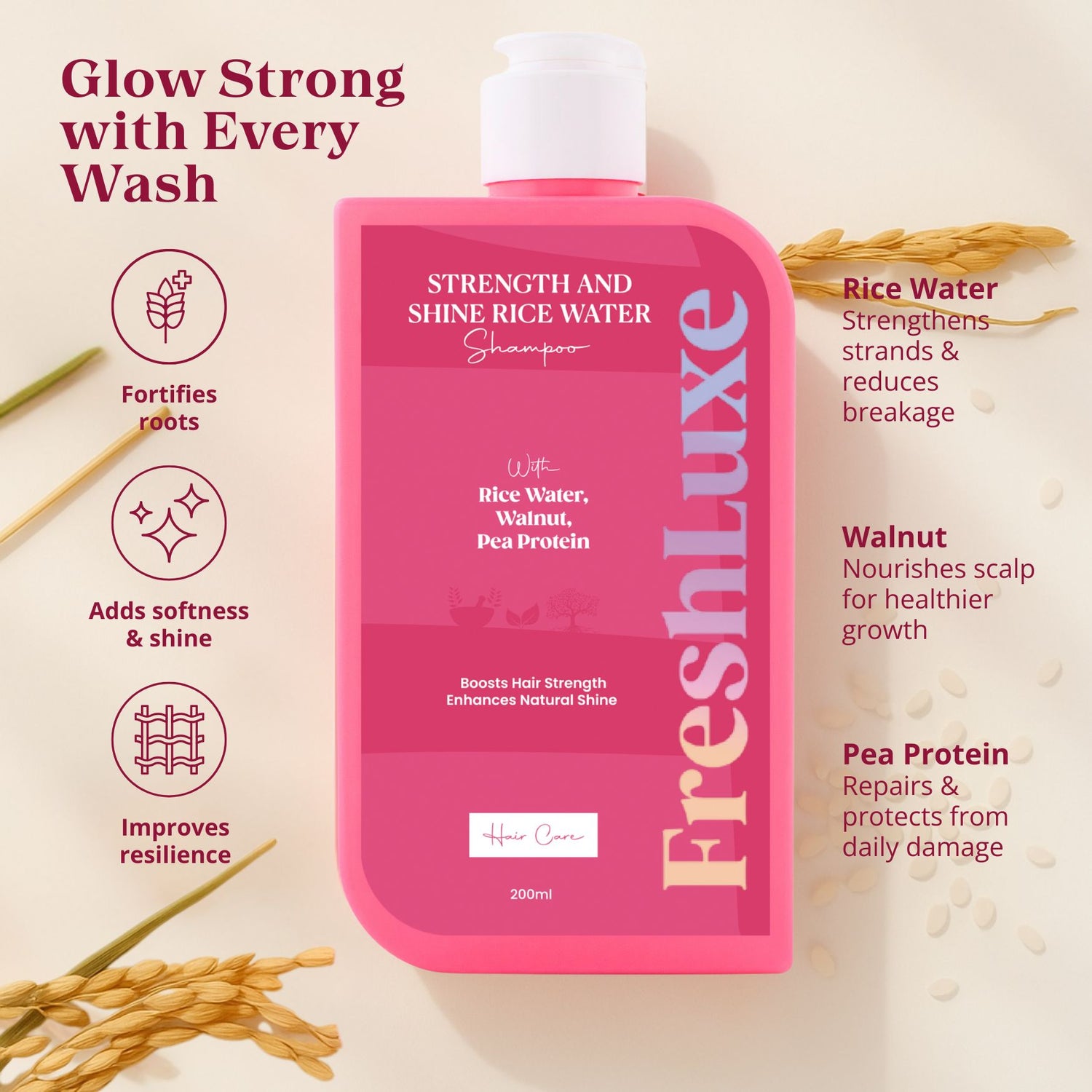Strength &amp; Shine Rice Water Shampoo with Walnut Oil &amp; Pea Protein | For All Hair Types- 200ml
