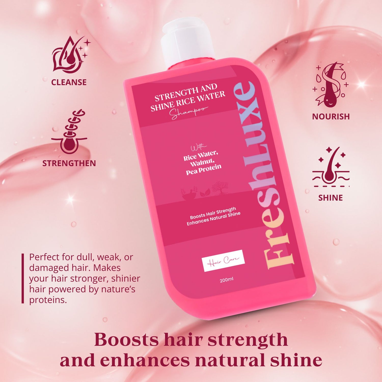Strength &amp; Shine Rice Water Shampoo with Walnut Oil &amp; Pea Protein | For All Hair Types- 200ml