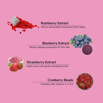 Product packaging with raspberry, blueberry, strawberry, and cranberry beads on a pink background.