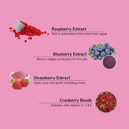 Pink background with images of raspberry, blueberry, strawberry, and cranberry beads, along with text describing their benefits.