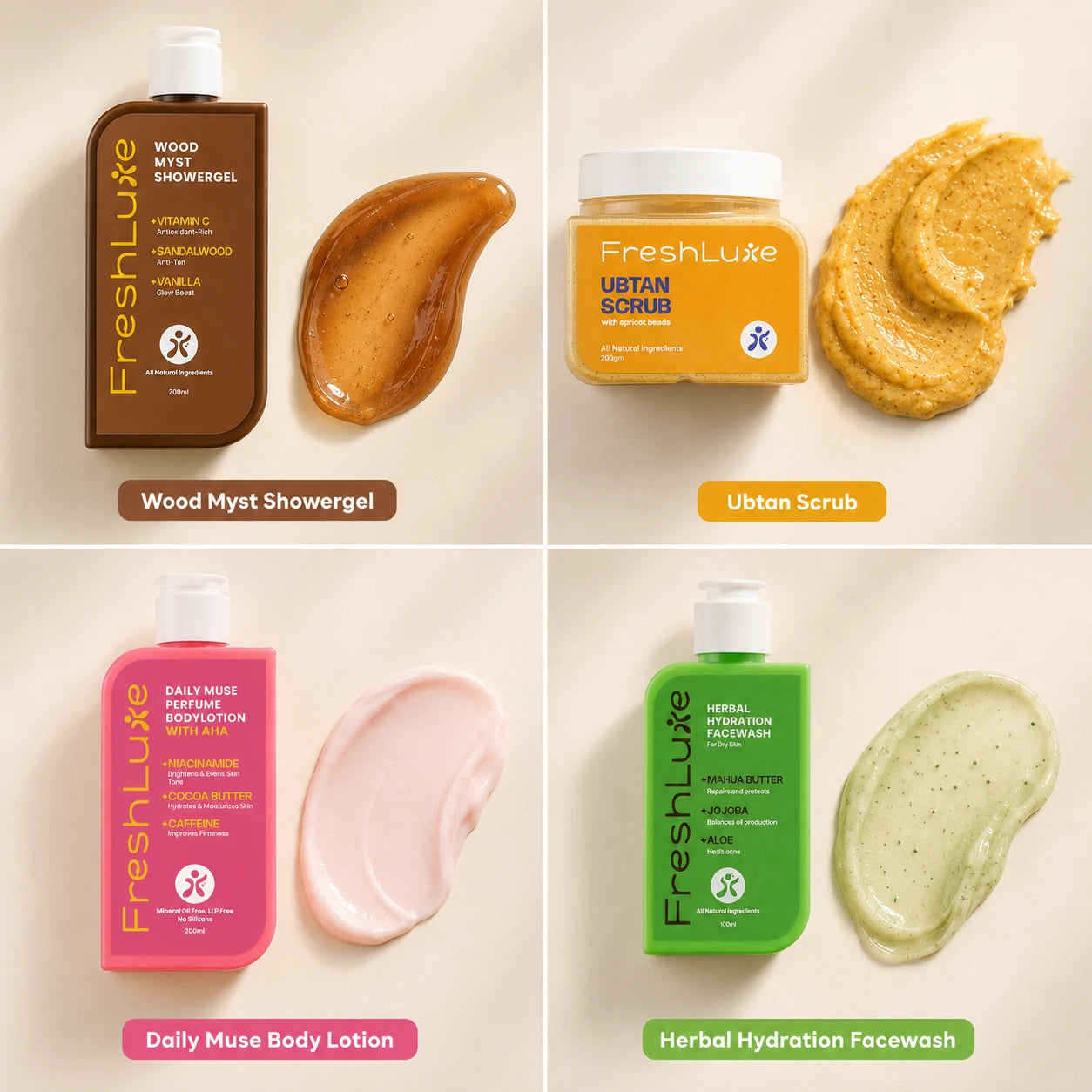 FreshLuxe Detan Combo | AYUSH-Approved | Shea Butter, Dead Sea Mud, Vitamin C &amp; Lactic Acid | Body Lotion, Shower Gel &amp; Scrub.