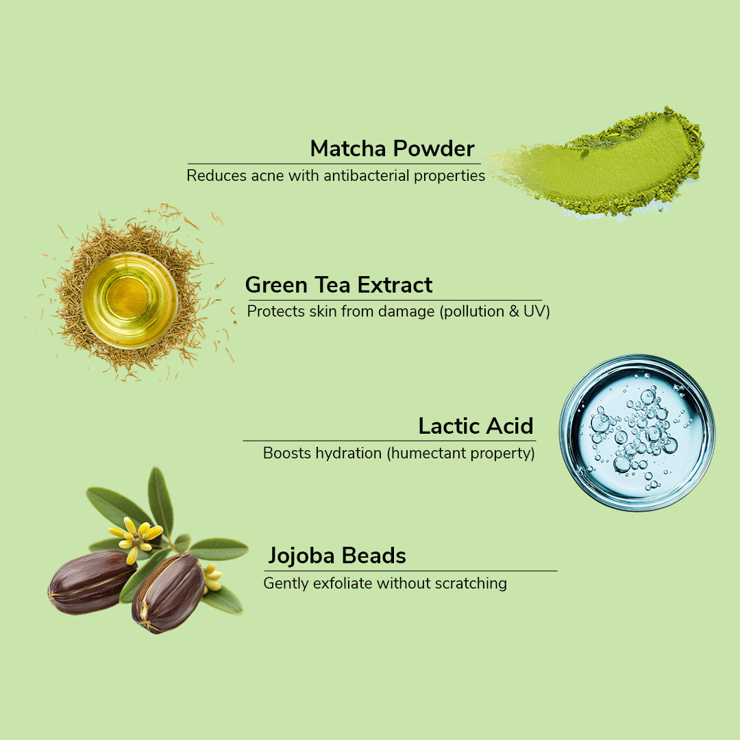 Green Tea Matcha Face &amp; body Scrub | Vitamin C &amp; Lactic Acid for Detan, Uneven Skin Tone &amp; Skin Purification | 200gm