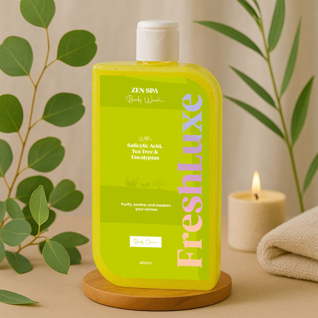 FreshLuxe Zen Spa Shower Gel & Body Wash | Infused with 1% Saligaurd PCG & Salicylic Acid with TeaTree, Eucalyptus | Soothing & Anti-Bacterial | Unclogs Pores & Prevents Breakout | TeaTree Scent