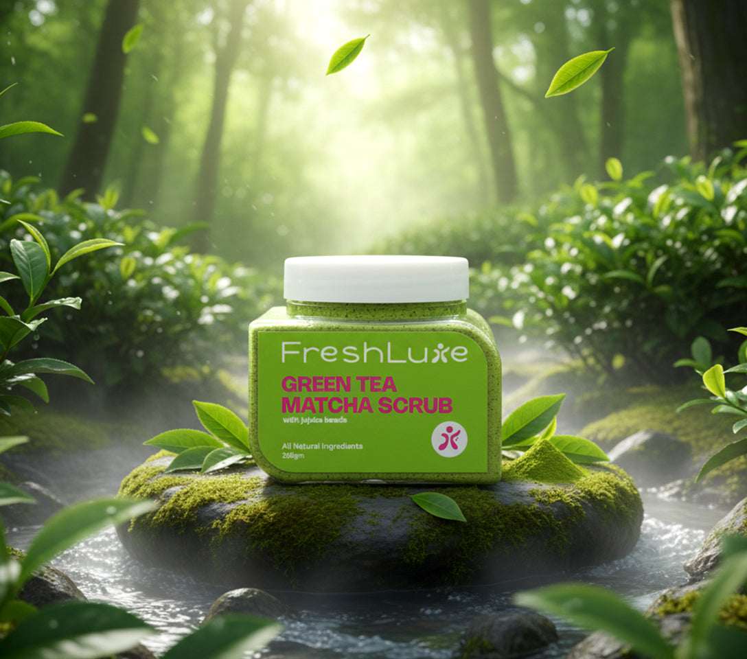 Jar of FreshLuxe Green Tea Matcha Scrub in a forest setting