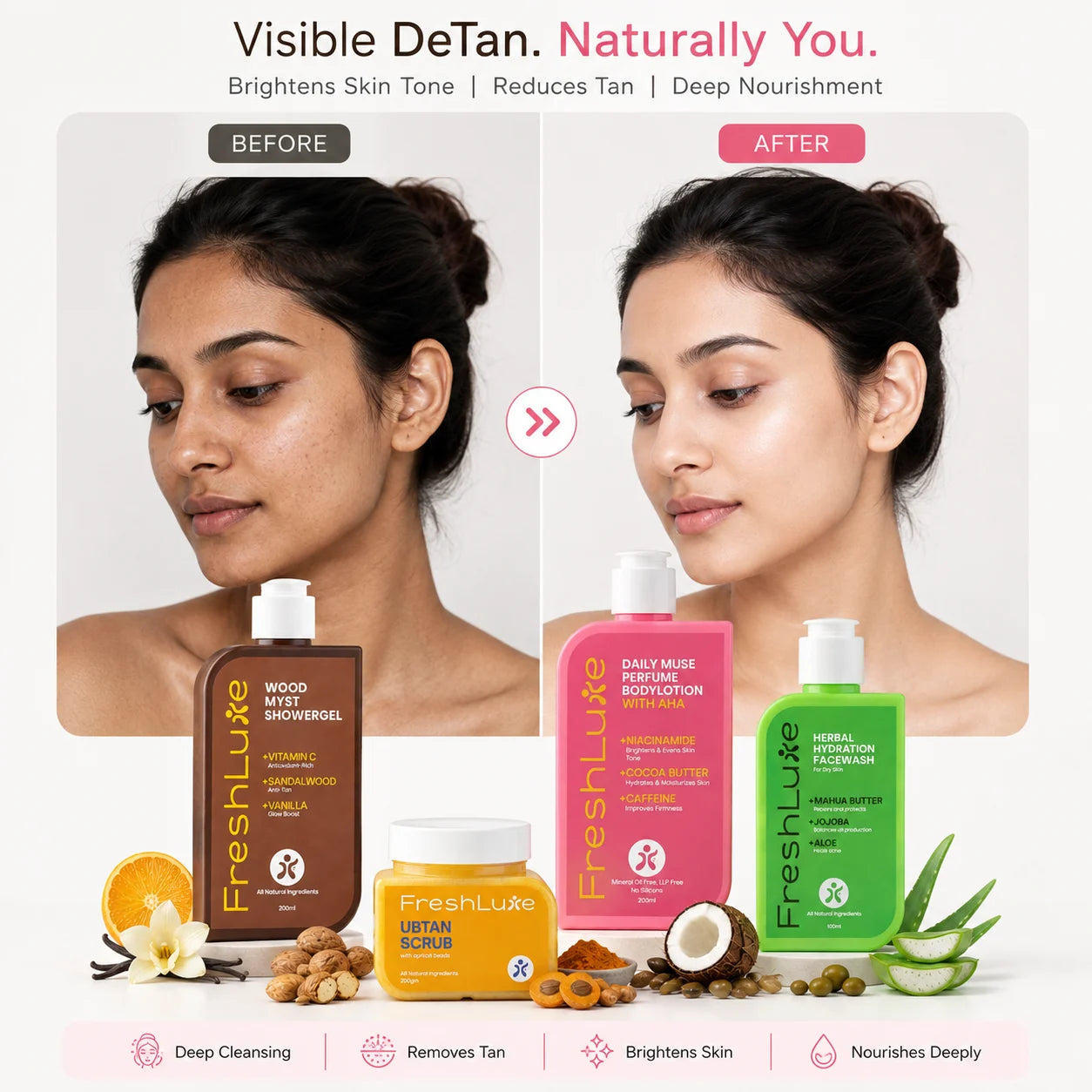 FreshLuxe Detan Combo | AYUSH-Approved | Shea Butter, Dead Sea Mud, Vitamin C &amp; Lactic Acid | Body Lotion, Shower Gel &amp; Scrub.