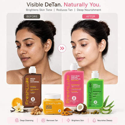 FreshLuxe Detan Combo | AYUSH-Approved | Shea Butter, Dead Sea Mud, Vitamin C &amp; Lactic Acid | Body Lotion, Shower Gel &amp; Scrub.