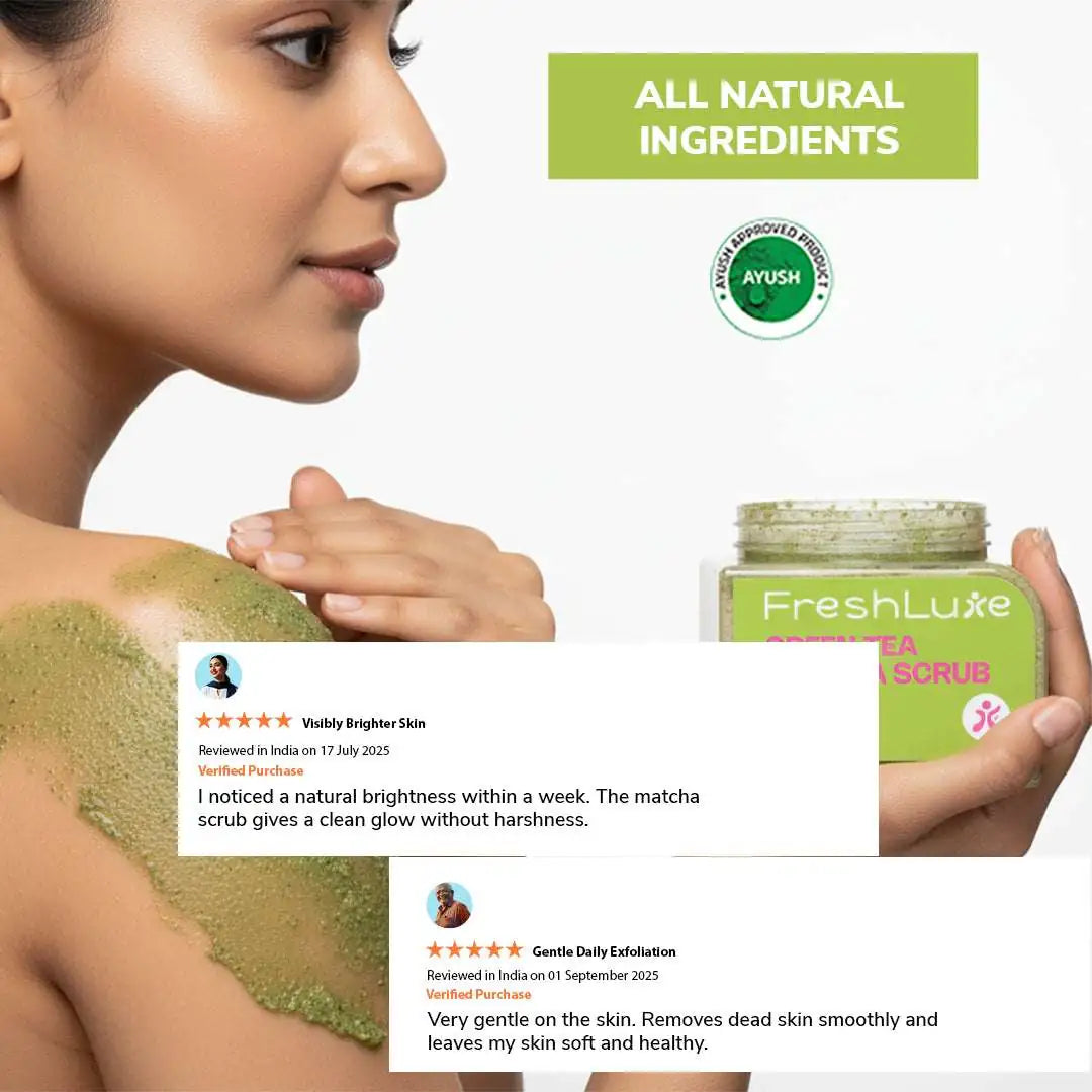 Green Tea Matcha Face &amp; body Scrub | Vitamin C &amp; Lactic Acid for Detan, Uneven Skin Tone &amp; Skin Purification | 200gm