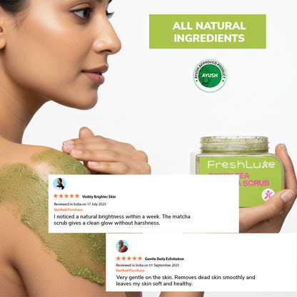 Green Tea Matcha Face &amp; body Scrub | Vitamin C &amp; Lactic Acid for Detan, Uneven Skin Tone &amp; Skin Purification | 200gm