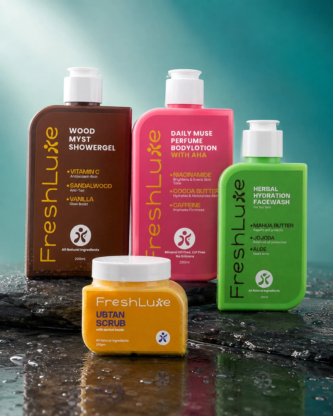 FreshLuxe Detan Combo | AYUSH-Approved | Shea Butter, Dead Sea Mud, Vitamin C &amp; Lactic Acid | Body Lotion, Shower Gel &amp; Scrub.