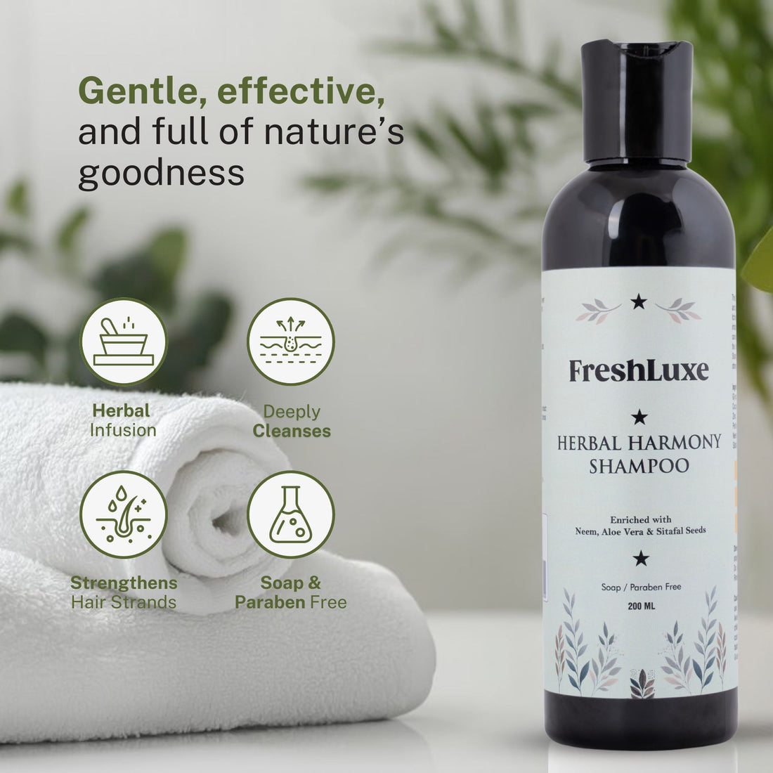 Herbal Harmony Shampoo with Neem, Aloe Vera &amp; Sitaphal Seeds |  Reduces Dandruff &amp; Prevents Breakage- 200ml