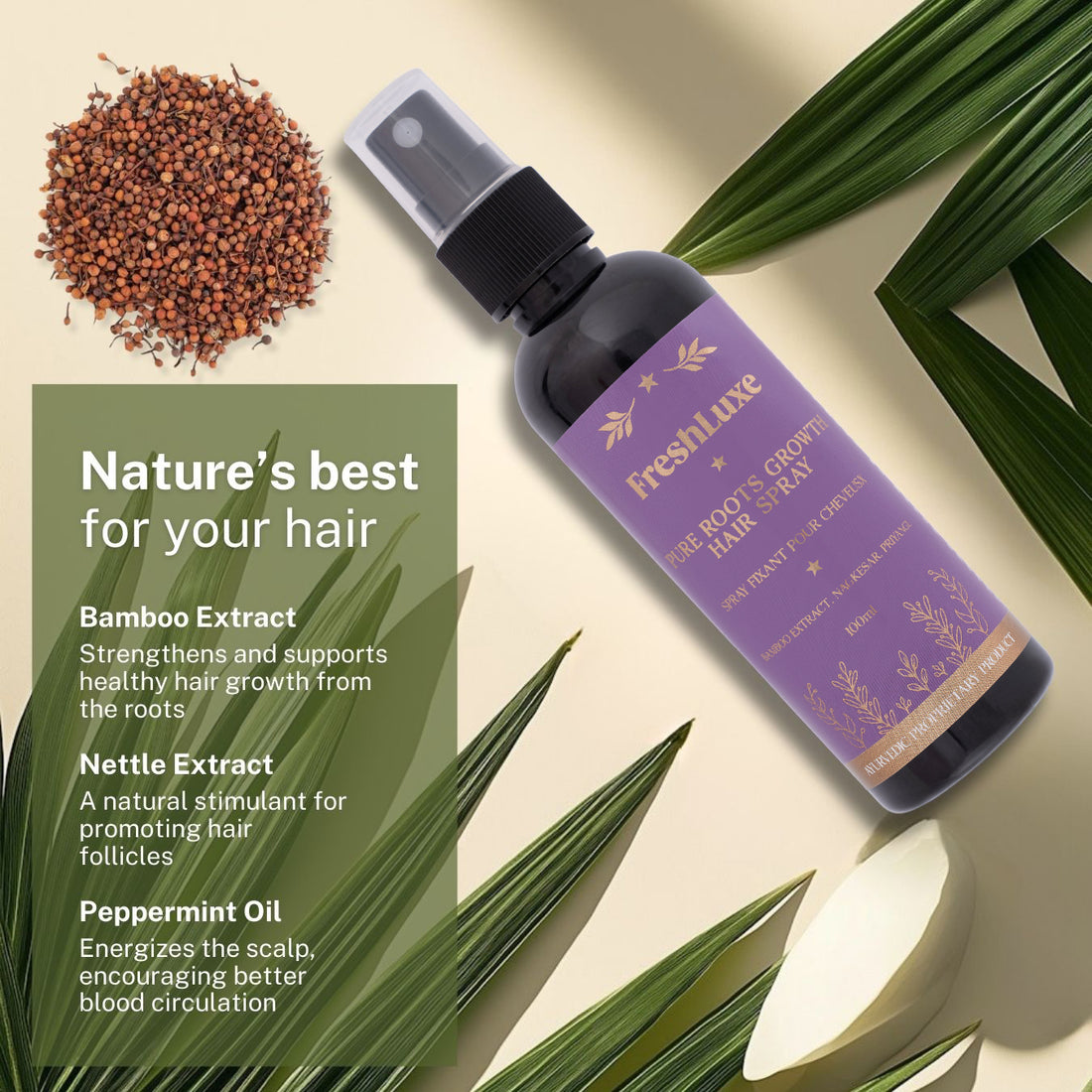 Pure Roots Growth Spray for Hair Growth &amp; Hydrating Dry Scalp | With Bamboo Extract, Nagkesar &amp; Priyangu- 100ml