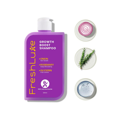 FreshLuxe Onion &amp; Rosemary Growth Boost Shampoo for Strong, Shiny Hair | 200 ml