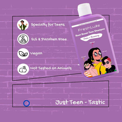 Shampoo bottle with cartoon characters on a purple background, featuring product details.