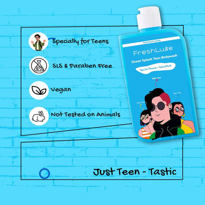 FreshLuxe Ocean Splash Teen Bodywash on a blue brick background with product features listed.