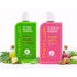 Two bottles of FreshLuxe shampoo, one green and one pink, on a white background with ingredients around.