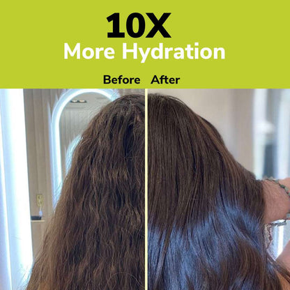 Before and after comparison of hair hydration with text &