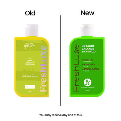 Comparison of an old and new FreshLuxe shampoo bottle on a white background