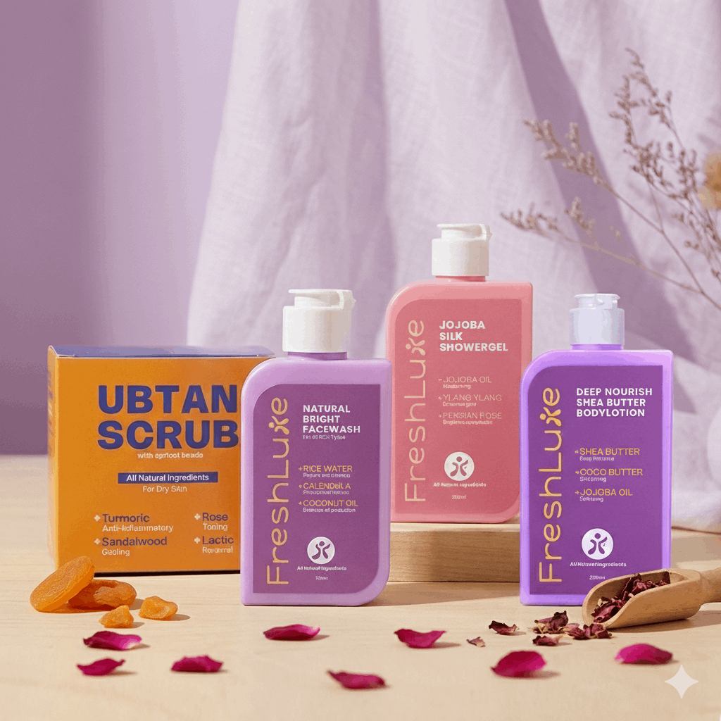 FreshLuxe Brightening Combo | AYUSH-Approved Skincare with Rice Water &amp; Lactic Acid Combo Pack of Scrub, Facewash, Shower Gel &amp; Body Lotion 200ml each.