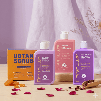 FreshLuxe Brightening Combo | AYUSH-Approved Skincare with Rice Water &amp; Lactic Acid Combo Pack of Scrub, Facewash, Shower Gel &amp; Body Lotion 200ml each.