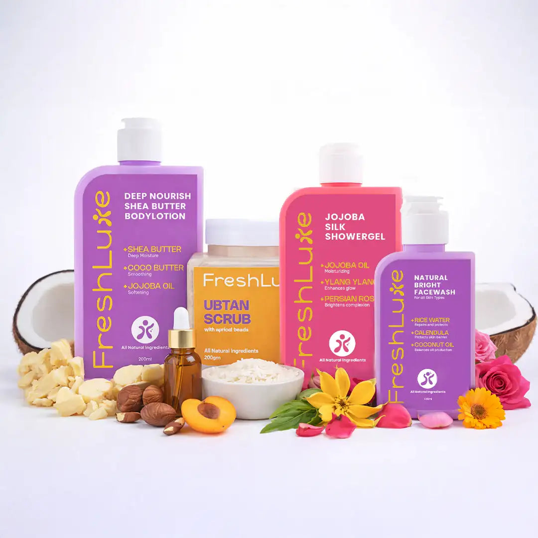 FreshLuxe Brightening Combo | AYUSH-Approved Skincare with Rice Water &amp; Lactic Acid Combo Pack of Scrub, Facewash, Shower Gel &amp; Body Lotion 200ml each.