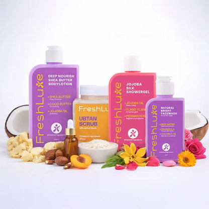 FreshLuxe Brightening Combo | AYUSH-Approved Skincare with Rice Water &amp; Lactic Acid Combo Pack of Scrub, Facewash, Shower Gel &amp; Body Lotion 200ml each.