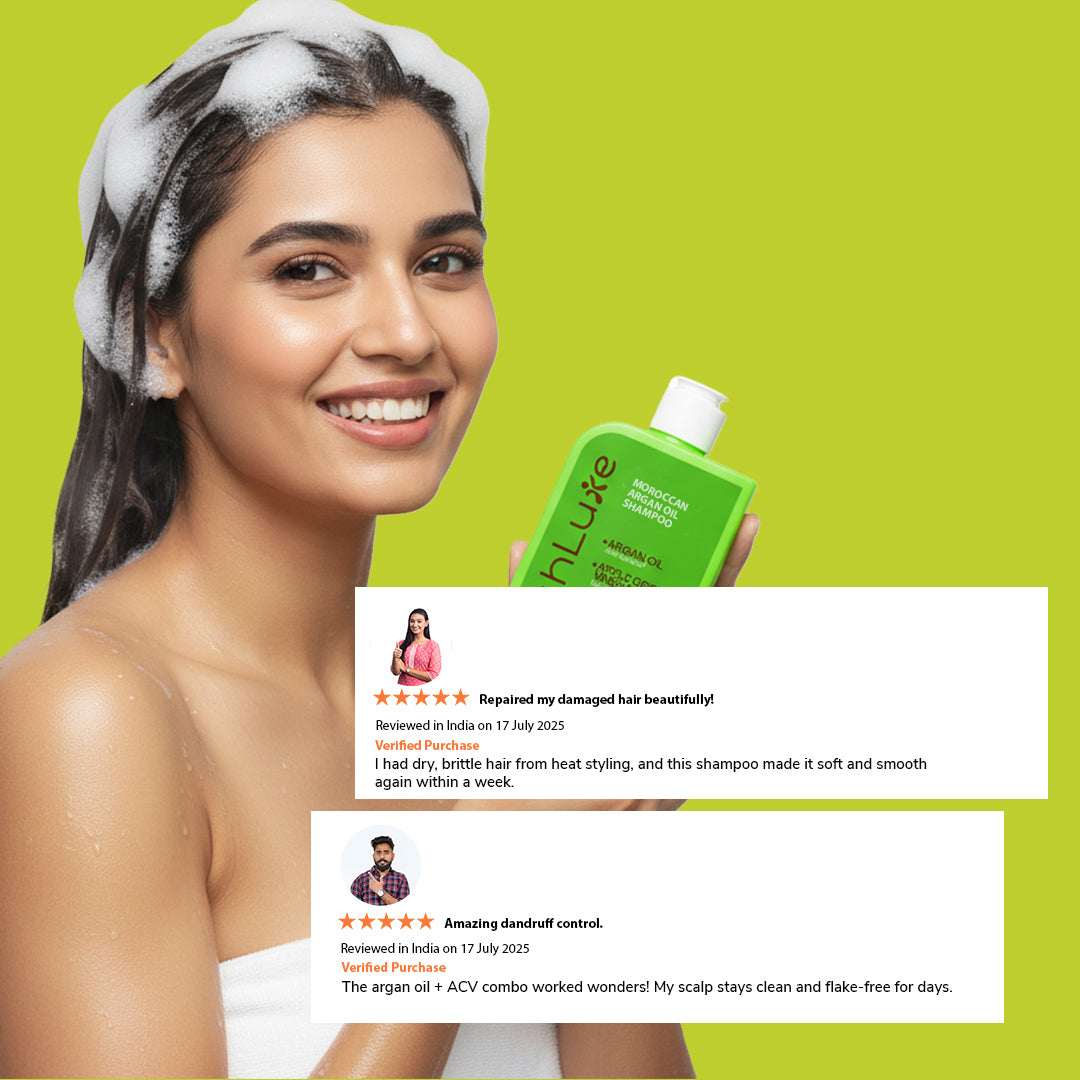 Woman with shampoo on head holding a green shampoo bottle against a green background