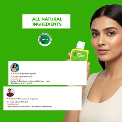 Woman holding a bottle of Luxe product with green background and Ayush logo
