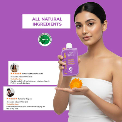 Woman holding a purple face wash bottle with product reviews on a purple background