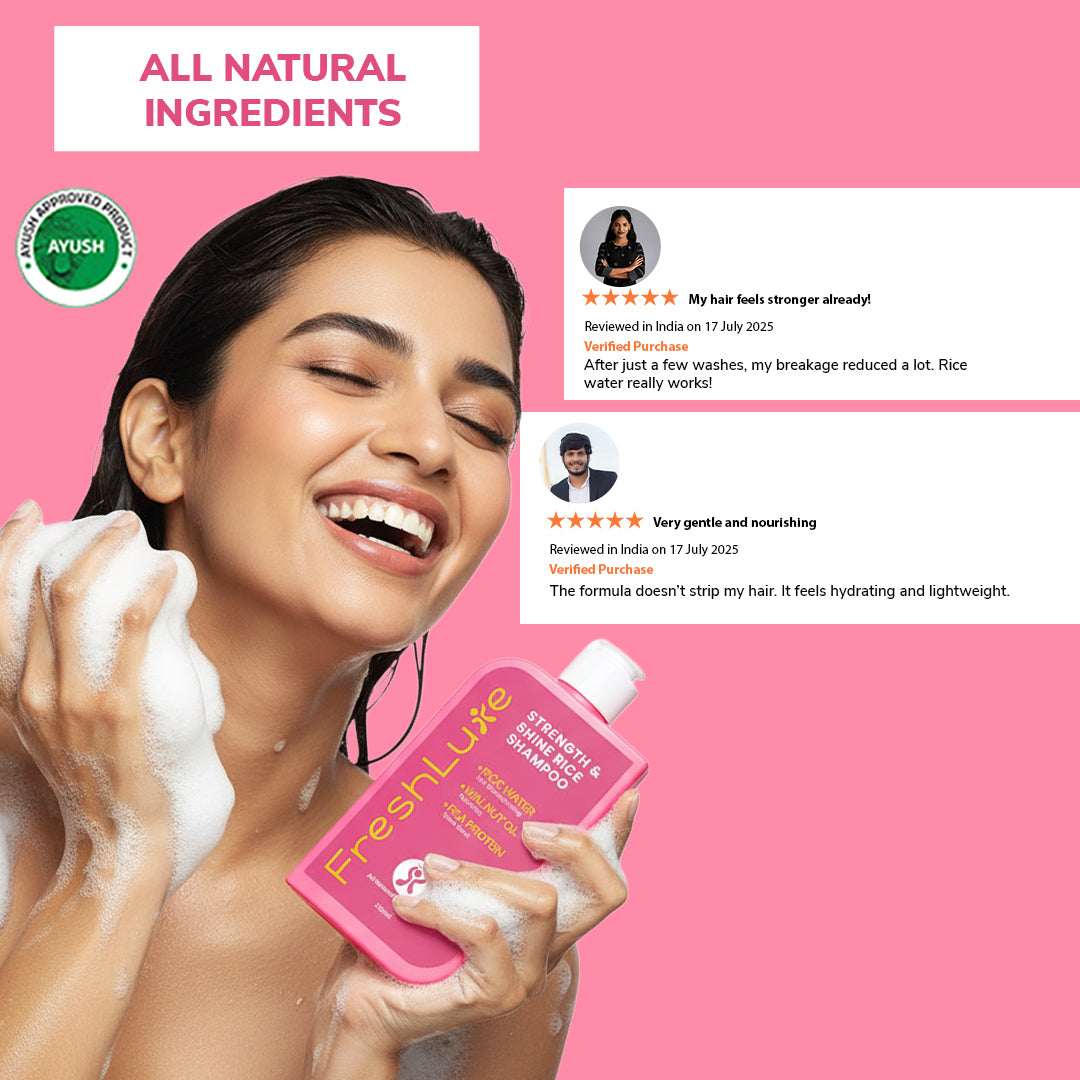 Woman using Freshluke shampoo with product and positive reviews on a pink background