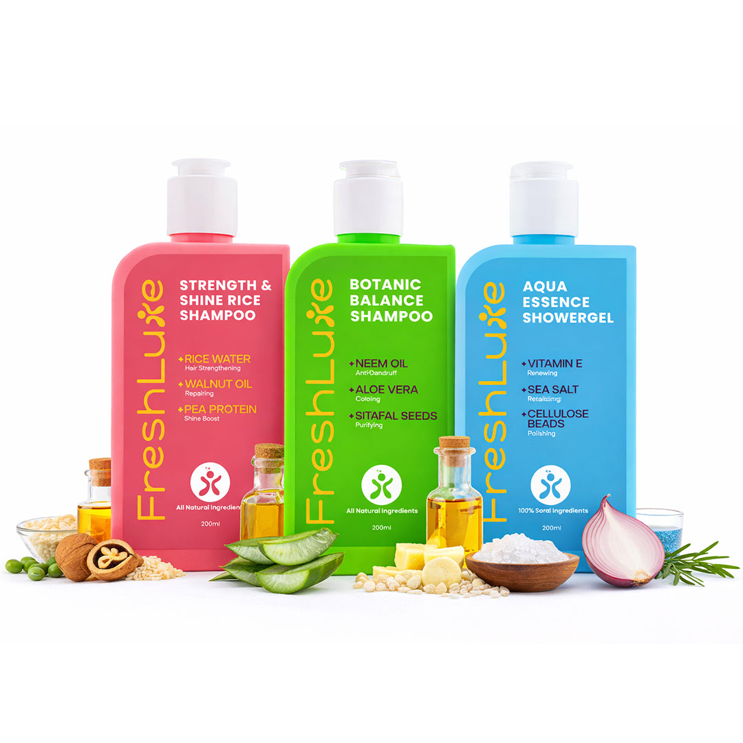 Freshluxe shampoo and shower gel with ingredients on a white background