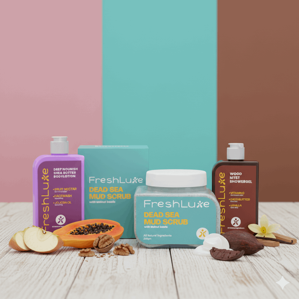 FreshLuxe Detan Combo | AYUSH-Approved | Shea Butter, Dead Sea Mud, Vitamin C &amp; Lactic Acid | Body Lotion, Shower Gel &amp; Scrub.