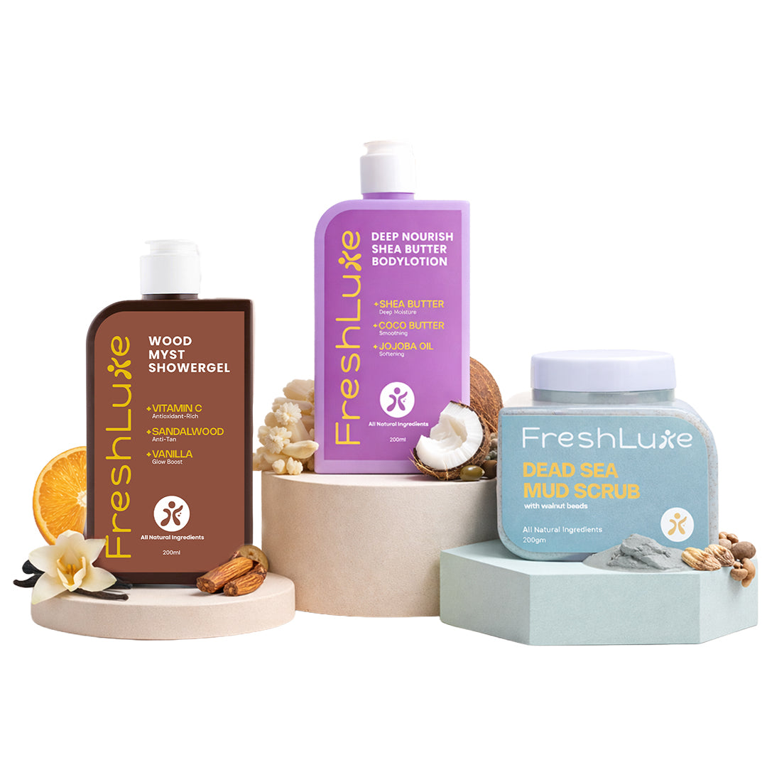 Three FreshLuxe skincare products on a white background