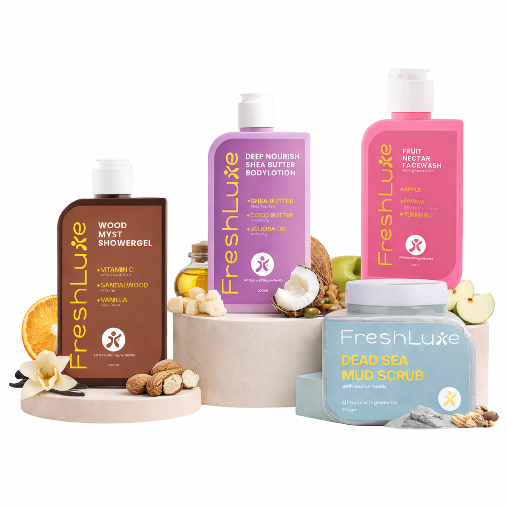 FreshLuxe Detan Combo | AYUSH-Approved | Shea Butter, Dead Sea Mud, Vitamin C &amp; Lactic Acid | Body Lotion, Shower Gel &amp; Scrub.