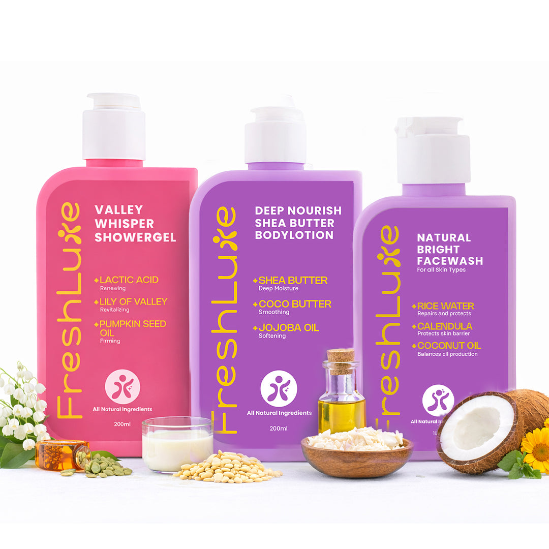 FreshLuxe skincare products with ingredients displayed on a white background