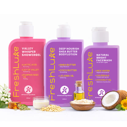 FreshLuxe skincare products with ingredients displayed on a white background