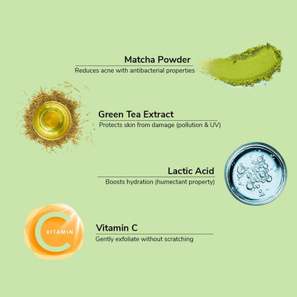 Illustration of matcha powder, green tea extract, lactic acid, and vitamin C with text on a light green background.