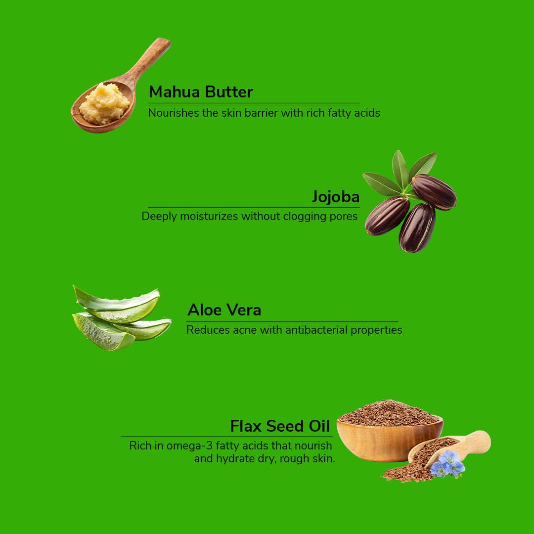 Promotional graphic of Mahua Butter, Jojoba, Aloe Vera, and Flax Seed Oil with text on a green background.