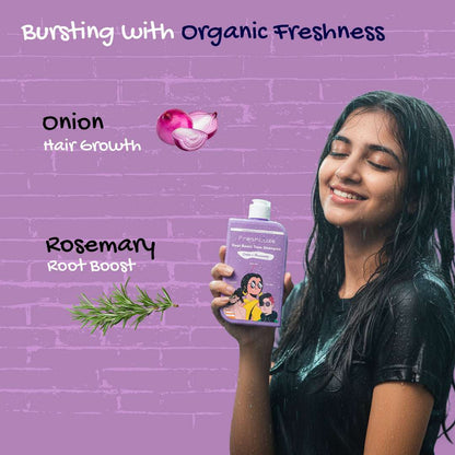 Woman holding a bottle of shampoo with text about organic freshness and ingredients on a purple background