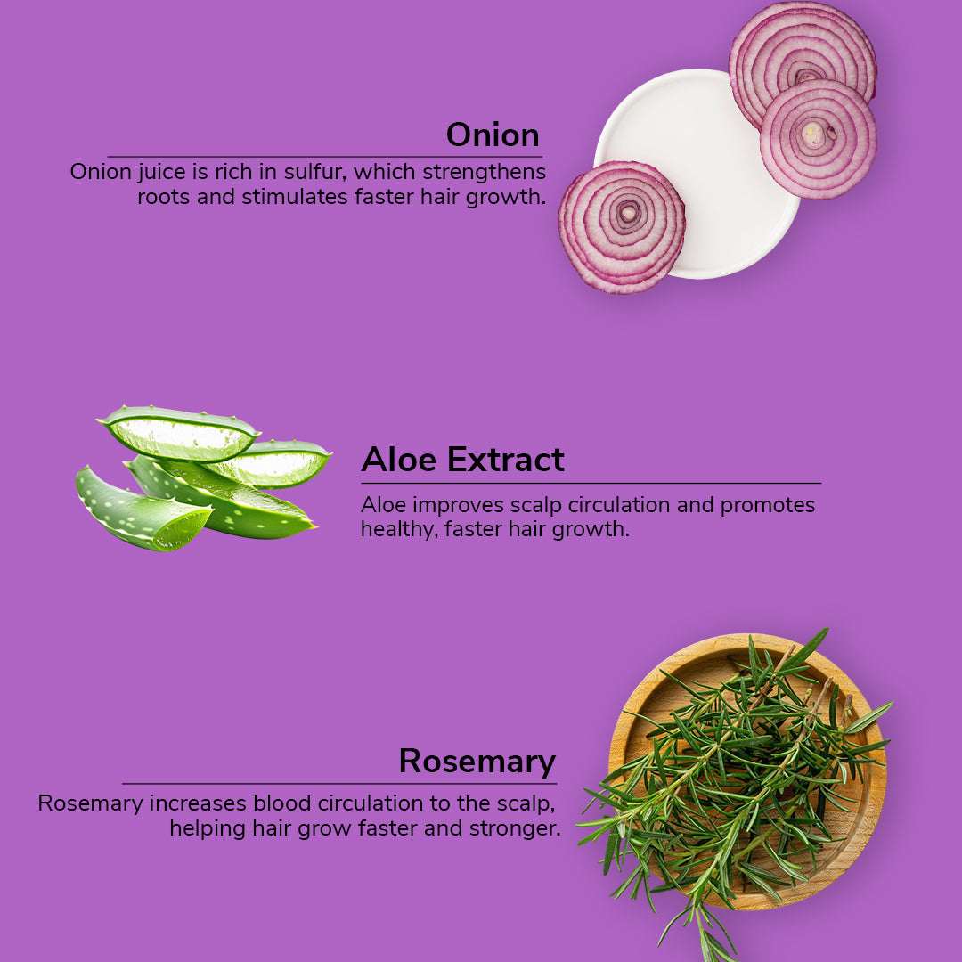 Hair care product ingredients with onion, aloe extract, and rosemary on a purple background