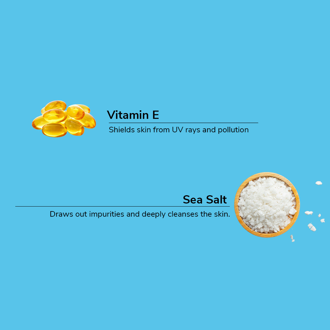 Vitamin E capsules and sea salt on a blue background with text describing their benefits.