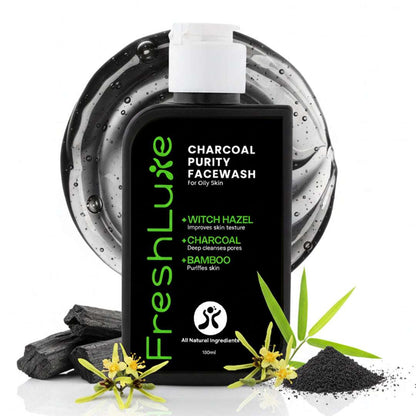 FreshLuxe Charcoal Purity Facewash packaging with natural ingredients on a white background