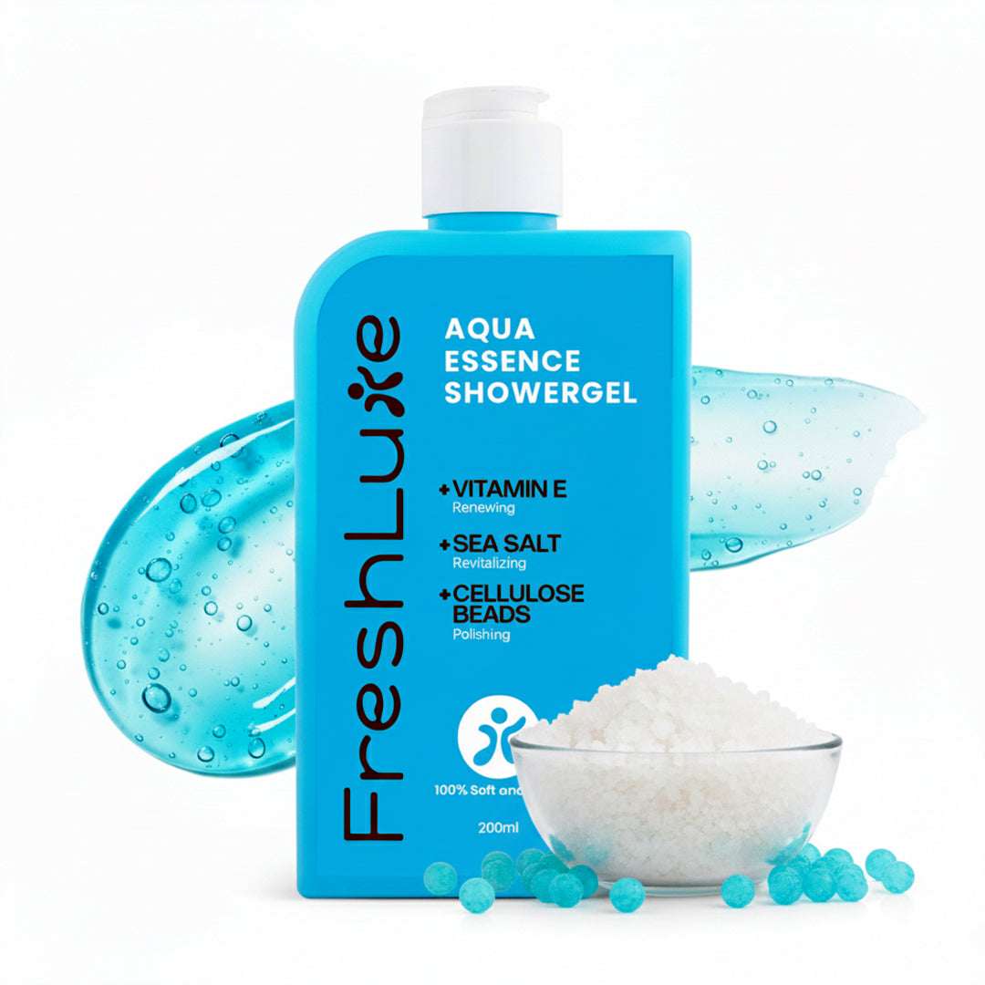 Freshluxe Aqua Essence Showergel with ingredients displayed on a white background