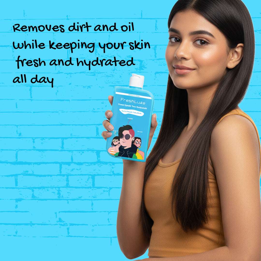 Woman holding a skincare product with text on a blue brick wall background