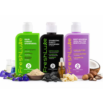 FreshLuxe Oily Skin Combo | AYUSH-Approved |Multani Mitti, Charcoal, Glycerol & Shea Butter body Lotion for oil-free skin.
