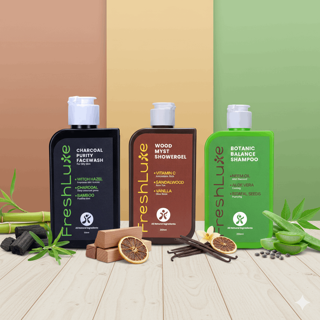 FreshLuxe Pollution Free Skin Combo | AYUSH-Approved | Charcoal, Vitamin C &amp; Neem-Aloe Shampoo for clear and pollution-free skin.