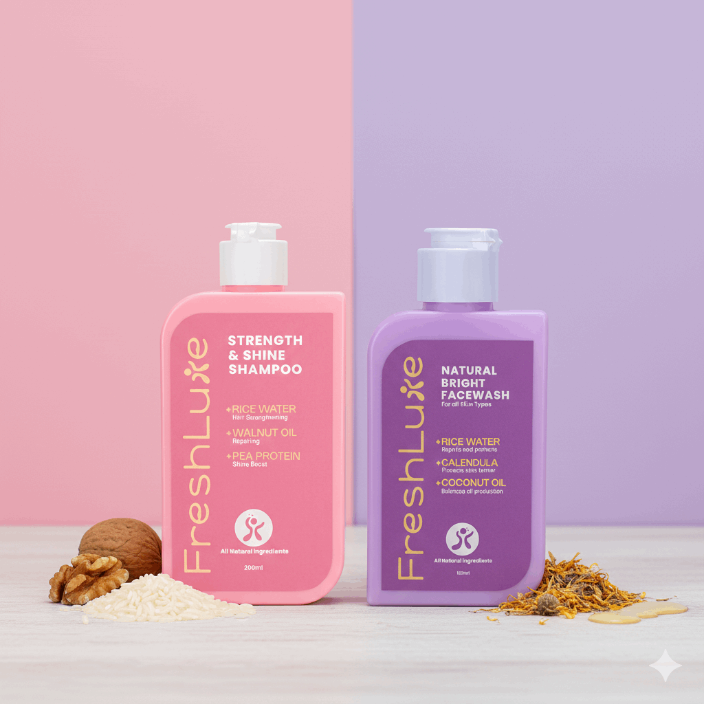 FreshLuxe Korean Skin Care Routine | AYUSH-Approved | Combo with Rice Water Shampoo and Facewash | Glass Skin &amp; Shiny Hair.