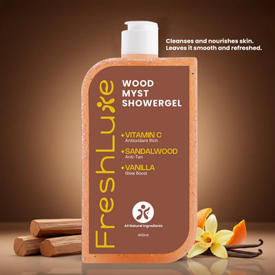 FreshLuxe Wood Myst Body Wash | Reduces Uneven Skin Tone & Dullness | Vanilla Scent | 200 ml | 400 ml